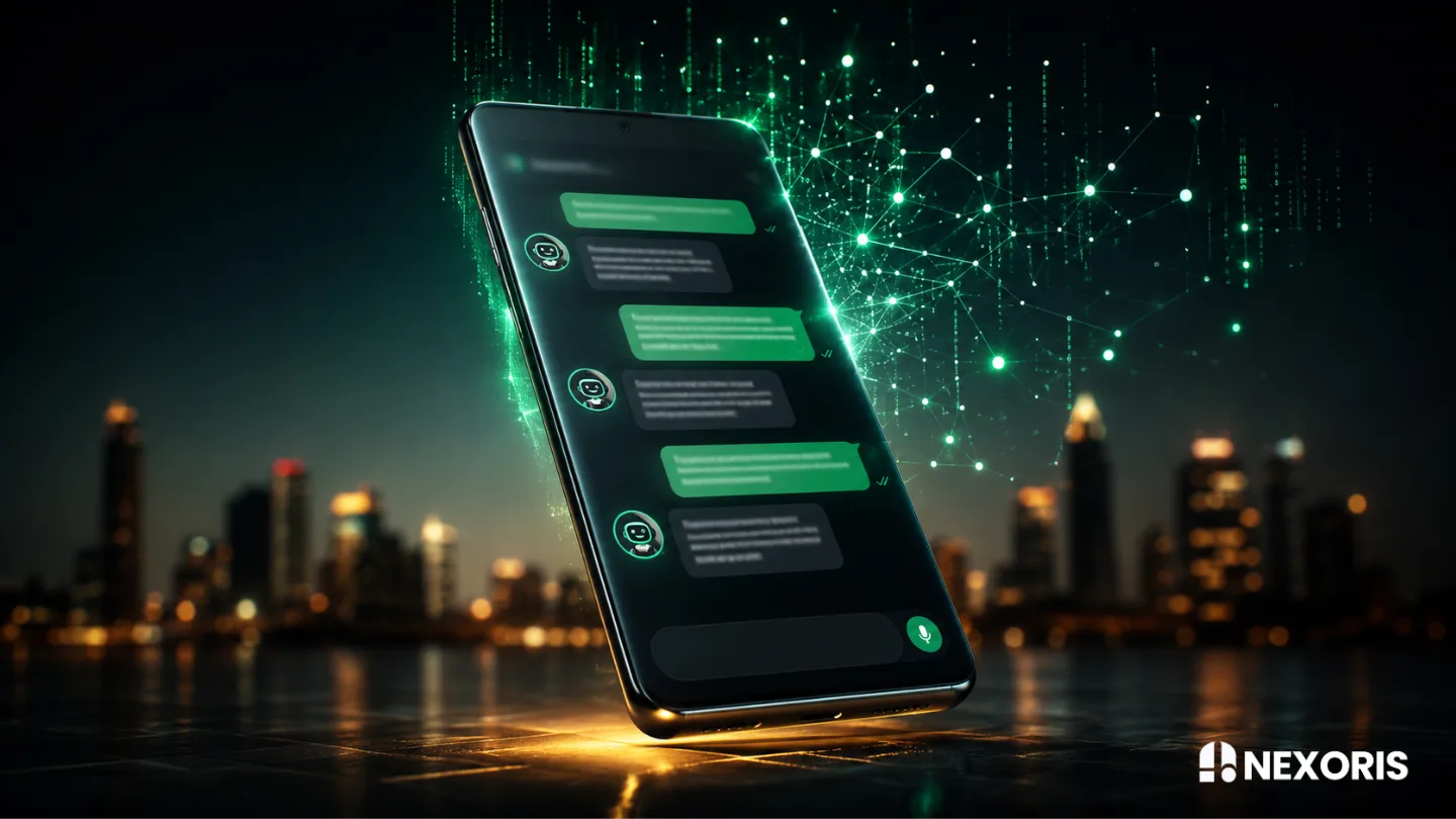 A smartphone displays a chatbot interface against a city skyline, featuring digital network graphics by Nexoris Technologies.
